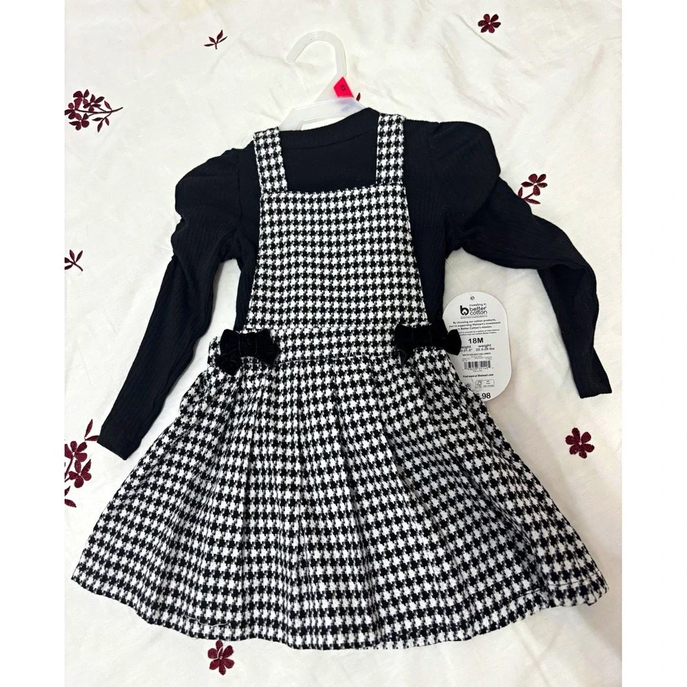 Wonder Nation Girls 18M 2-Piece Ribbed Top Houndstooth Dress Set Black White